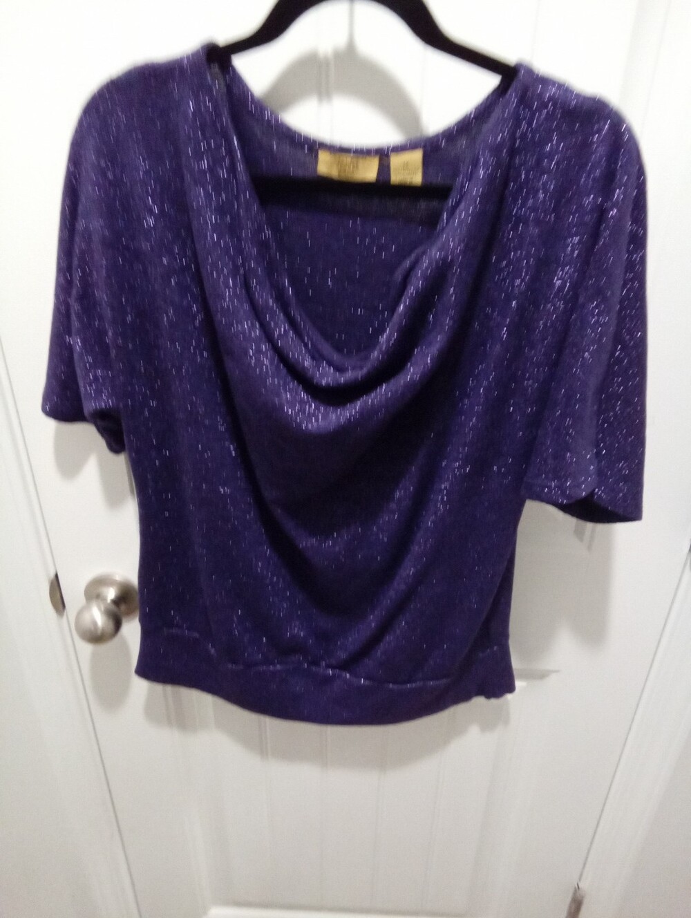 Valerie Stevens Woman Plus Size Purple Sparkly Cowl Neck Short Sleeve Knit Top